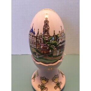 Porcelain Egg With Stand Handpainted  Pink Gold 6 1/4"